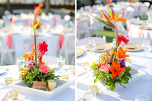 Tropical, Florida Beach Inspired Wedding Decor, Low Floral Centerpiece, Vibrant Pink, Coral, Orange, Yellow, and Greenery Centerpiece, White Linen, Gold Accents, Rooftop Waterfront Wedding Reception | St. Pete Beach Wedding Venue Hotel Zamora | Tampa Bay Wedding Photographer Lifelong Photography Studios | Tampa Wedding Rentals Gabro Event Services