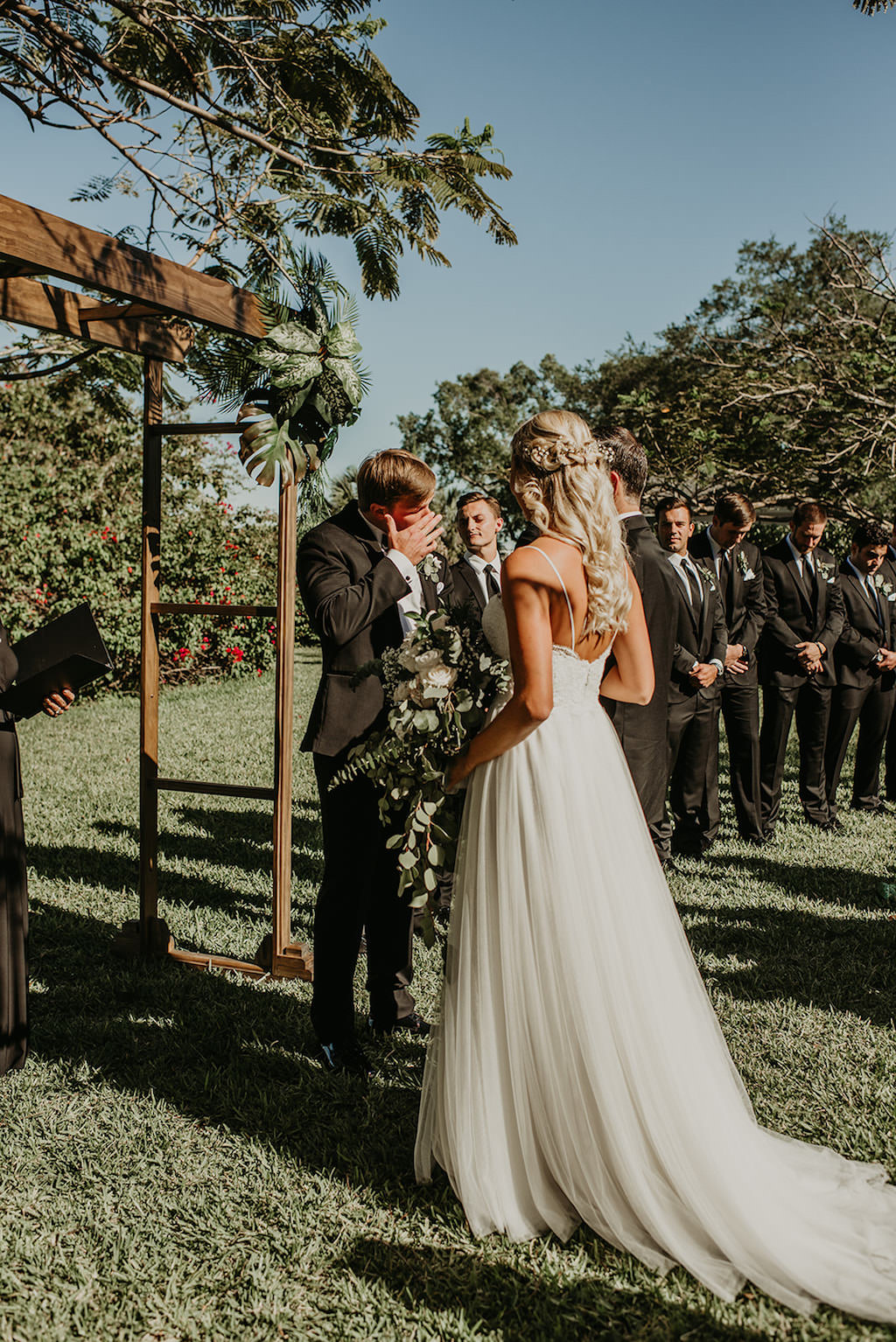 Groom Reaction to Bride Walking Down the Outdoor Wedding Ceremony Aisle | Tampa Wedding Venue Davis Islands Garden Club