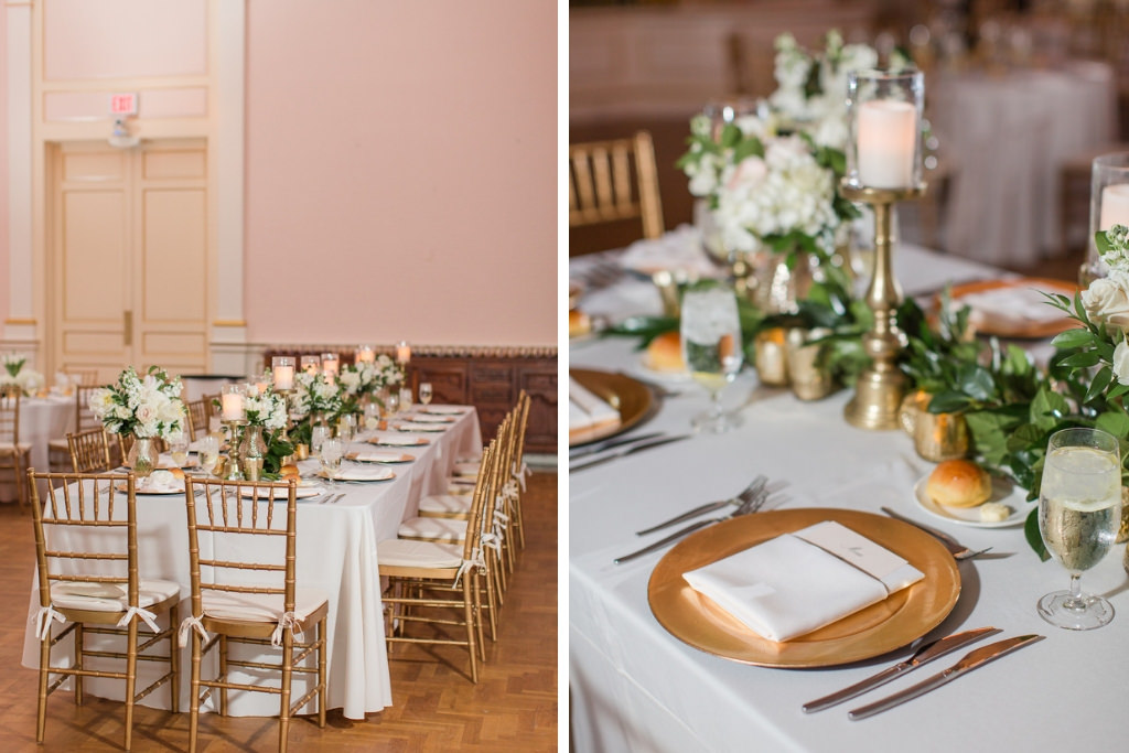 Classic Elegant Timeless Ballroom Wedding Reception Decor, Long Feasting Table with White Linen, Gold Chiavari Chairs, Low White and Greenery Floral Centerpieces, Gold Candlesticks and Gold Chargers | Wedding Rentals Olympia Catering