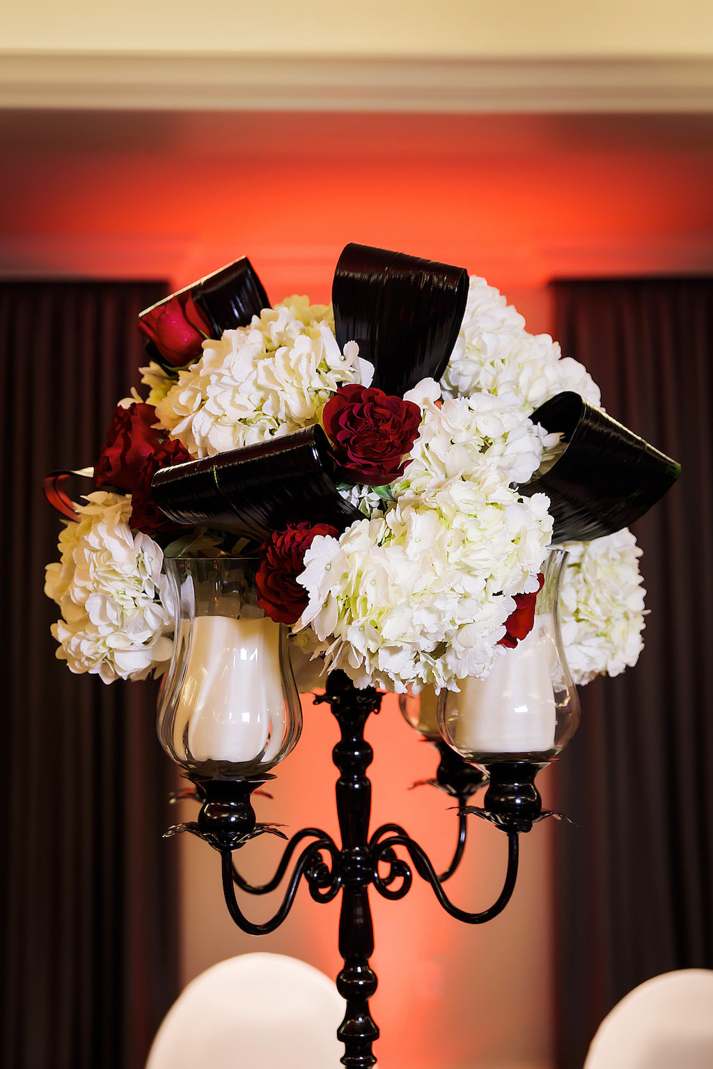 Romantic, Modern Black, White Hydrangeas and Red Rose Floral Centerpiece Arrangement Wedding Reception Decor, Tall Black Candelabra