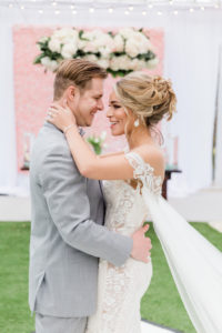 Modern Florida Bride and Groom on Dance Floor, Whimsical Garden Wedding Decor | Tampa Bay Hair and Makeup Artists Femme Akoi | Tampa Bay Couture Wedding Dress Boutique Isabel O'Neil Bridal Collection