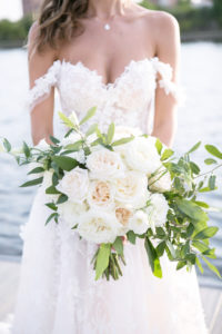 Modern Romantic Florida Bride in Galia Lahav Off Shoulder Floral Lace Sweetheart Neckline Ballgown Wedding Dress with Ivory, White and Greenery Floral Bouquet | Tampa Bay Wedding Photographer Carrie Wildes Photography | Tampa Dress Shop Isabel O'Neil Bridal Collection