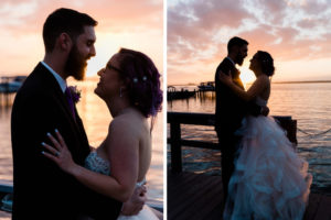 Modern Tampa Bay Bride and Groom Sunset Wedding Portrait on Waterfront Dock | Florida Waterfront Wedding Venue Beso Del Sol