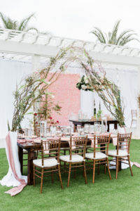 Whimsical Garden Wedding Decor and Reception under Gazebo, Pink Floral Boxwood Wall, White Draping, Hanging Floral Arrangement, Long Feasting Tables. Rose Gold Chiavari Chairs, Floral Curly Willow Arches, | Tampa Bay Wedding Planner Special Moments Event Planning | Tampa Bay Wedding Florist Gabro Event Services | Tampa Bay Wedding Rentals A Chair Affair