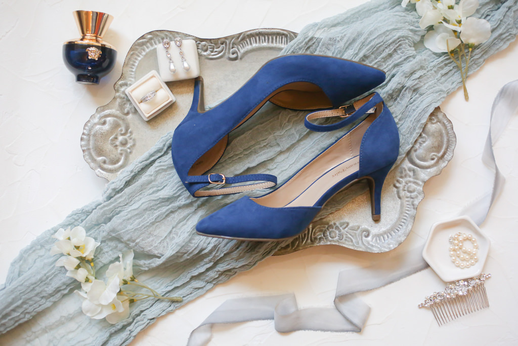 Something Blue Suede Pointed Toe and Kitten Heel Wedding Shoes and Bride Wedding Accessories and Jewelry | Wedding Photographer Lifelong Photography Studios