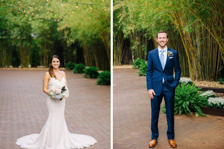 Elegant, Modern Florida Bride in Groom, Bride in Romantic White Maggie Sottero Lace Wedding Dress, Soft Floral Bridal Bouquet with Blush Pink Roses, White Hydrangeas, Blue Thistle, Greenery Flowers, in Florida Bamboo Courtyard, Groom in Rich Navy Blue Suit and Tie Downtown St. Pete Unique Wedding Venue NOVA 535