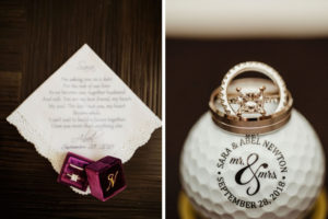 Wedding Accessories, Maroon Velvet and Gold Monogram Ringbox with Princess Cut Engagement Ring and Diamond Wedding Band, Custom Handkerchief with Note and Custom Gold Ball | Wedding Day Gifts for Grooms