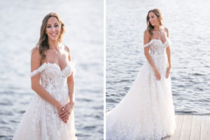 Romantic Florida Bride Waterfront Wedding Portrait in Romantic Galia Lahav Off Shoulder Floral Lace and Illusion Sweetheart Neckline Ballgown Wedding Dress | Tampa Bay Wedding Photographer Carrie Wildes Photography | Tampa Bridal Shop Isabel O'Neil Bridal Collection | Tampa Wedding Hair Artist Femme Akoi