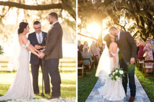 Florida Bride and Groom Exchanging Vows Under Spanish Moss Trees During Sunset | Tampa Bay Rustic Wedding Venue Covington Farms