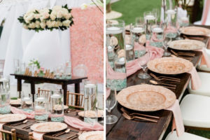 Modern, Garden Inspired Wedding Decor, Rose Gold Chargers, Clear Floating Candles, Feasting Table, Ivory and Blush Pink Florals | Tampa Bay Wedding Planner Special Moments Event Planning | Tampa Bay Wedding Florist Gabro Event Services | Tampa Bay Wedding Rentals A Chair Affair