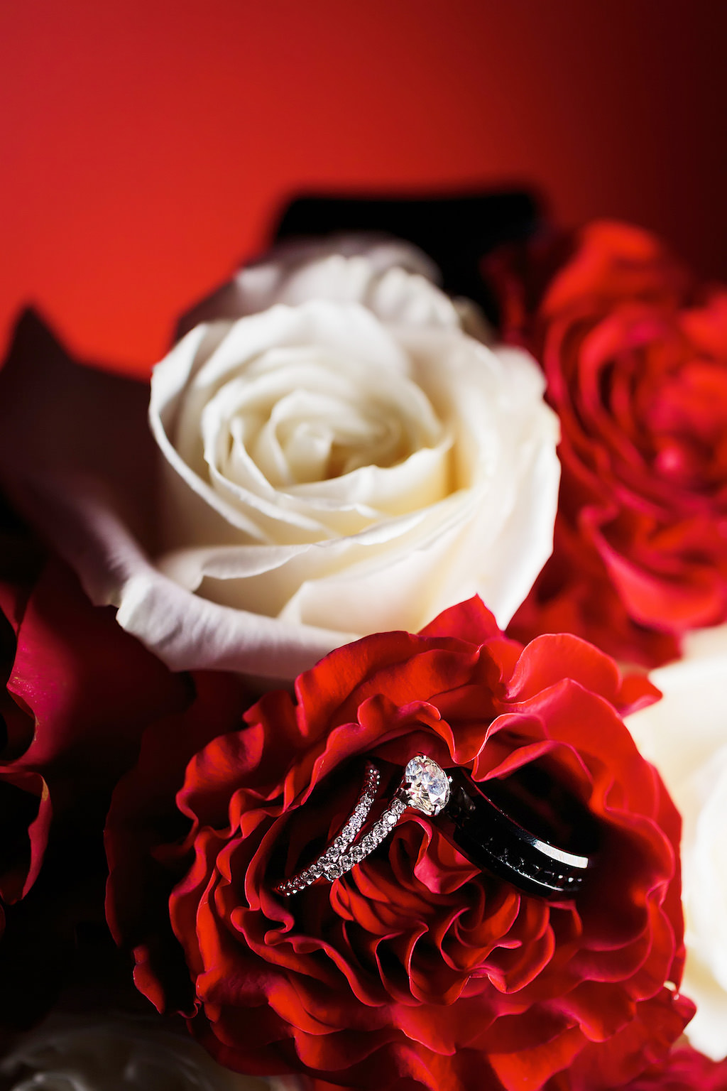 Diamond Solitaire Wedding Ring and Black Band, Red and White Roses