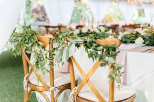 Simple, Elegant, Classic Garden Inspired Wedding Reception Decor, Wooden Crossback Chairs with Greenery