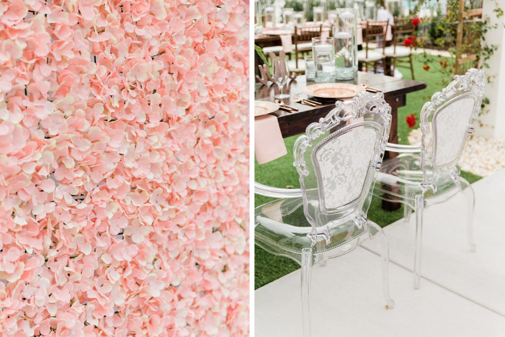 Light Pink Floral Boxwood Wall, Ghost Acrylic Chairs for Wooden Sweetheart Table | Tampa Bay Wedding Florist Gabro Event Services | Tampa Bay Wedding Rentals A Chair Affair