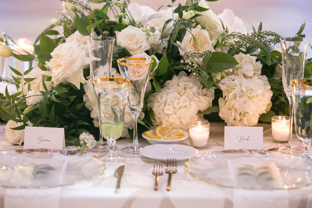 Modern Romantic Elegant Wedding Reception Decor, Ivory Hydrangeas, Roses and Greenery Floral Arrangement Centerpiece | Tampa Bay Wedding Photographer Carrie Wildes Photography