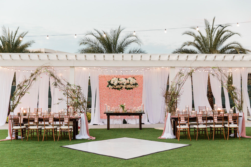 Modern, Garden Inspired Wedding Decor, Blush Pink Floral Wall and White Draping, Gazebo, Outdoor Dance Floor, Long Feasting Tables. Rose Gold Chiavari Chairs, Floral Curly Willow Arches | Tampa Bay Wedding Planner Special Moments Event Planning | Tampa Bay Wedding Florist Gabro Event Services | Tampa Bay Wedding Rentals A Chair Affair