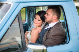 Tampa Bay Bride and Groom Inside Blue Ford Truck Wedding Portrait