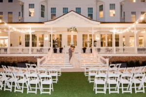 Romantic, Modern Florida Bride and Groom, Outdoor Candlelight Ceremony at Night, Front Lawn, Porch Steps of Historic Belleview Inn | Tampa Bay Wedding Planner Special Moments Event Planning | Tampa Bay Florist Gabro Event Services