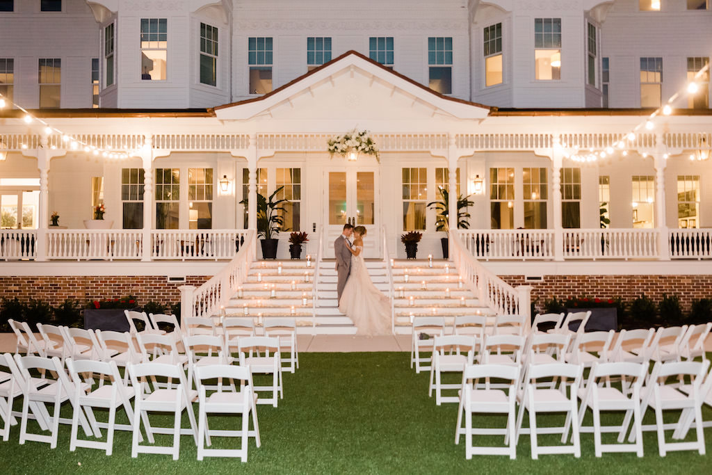 Romantic, Modern Florida Bride and Groom, Outdoor Candlelight Ceremony at Night, Front Lawn, Porch Steps of Historic Inn | Tampa Bay Wedding Planner Special Moments Event Planning | Tampa Bay Florist Gabro Event Services