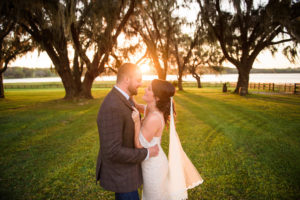 Romantic Sunset Bride and Groom Outdoor Wedding Portrait | Tampa Bay Rustic Wedding Venue Covington Farms
