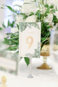 Tropical Elegance Wedding Reception Decor, Palm Leaves and Gold Table Number Signage Wedding Stationery | Tampa Bay Wedding Photographer Lifelong Photography Studios