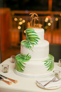 Tropical Inspired Smooth White with Painted Green Palm Leaves Wedding Cake with Custom Gold Cake Topper | Tampa Bay Wedding Photographer Lifelong Photography Studios