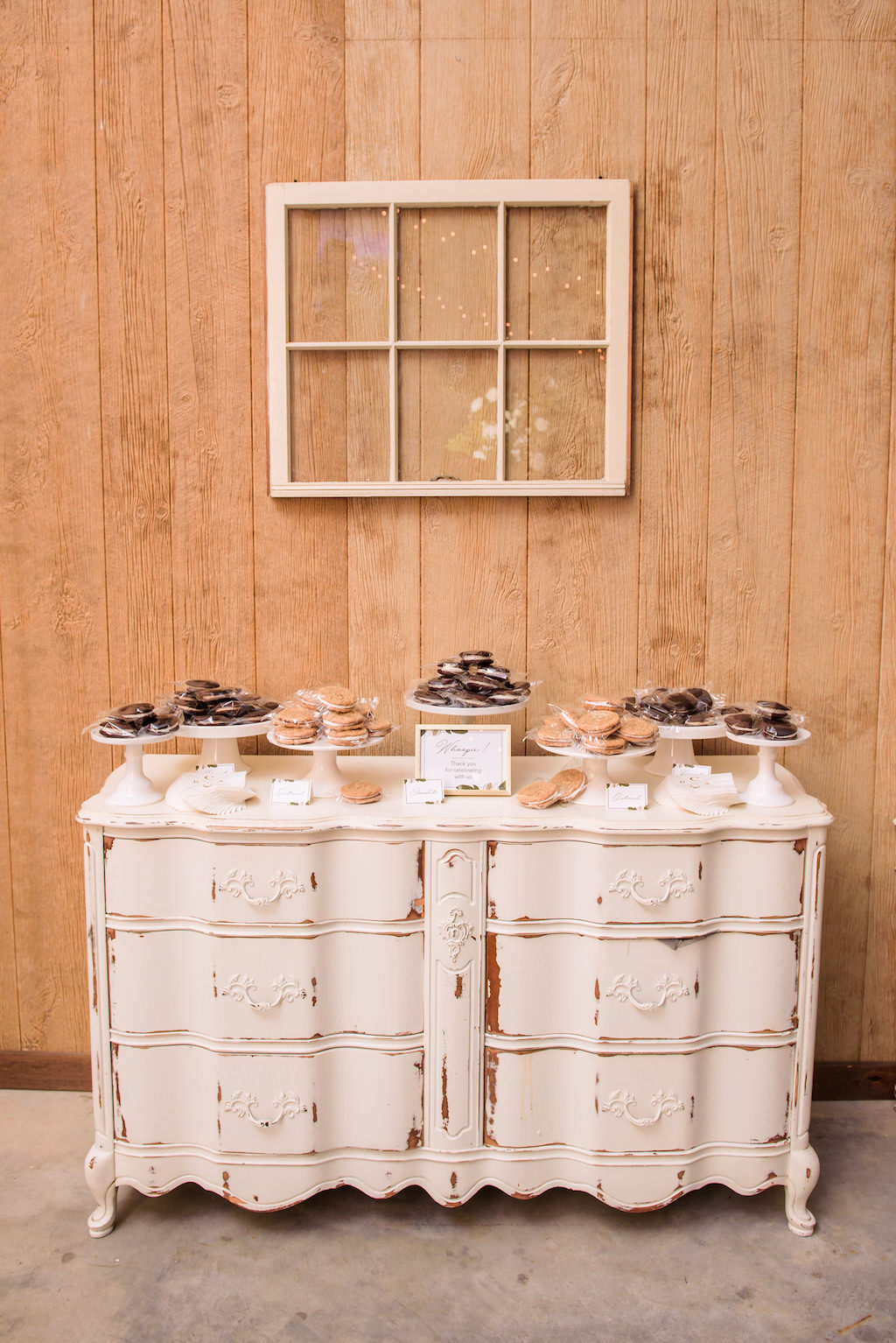 Rustic Country Chic Wedding Reception Decor, Antique White Dresser Dessert Table | Tampa Bay Luxury Wedding Planner Parties A'La Carte