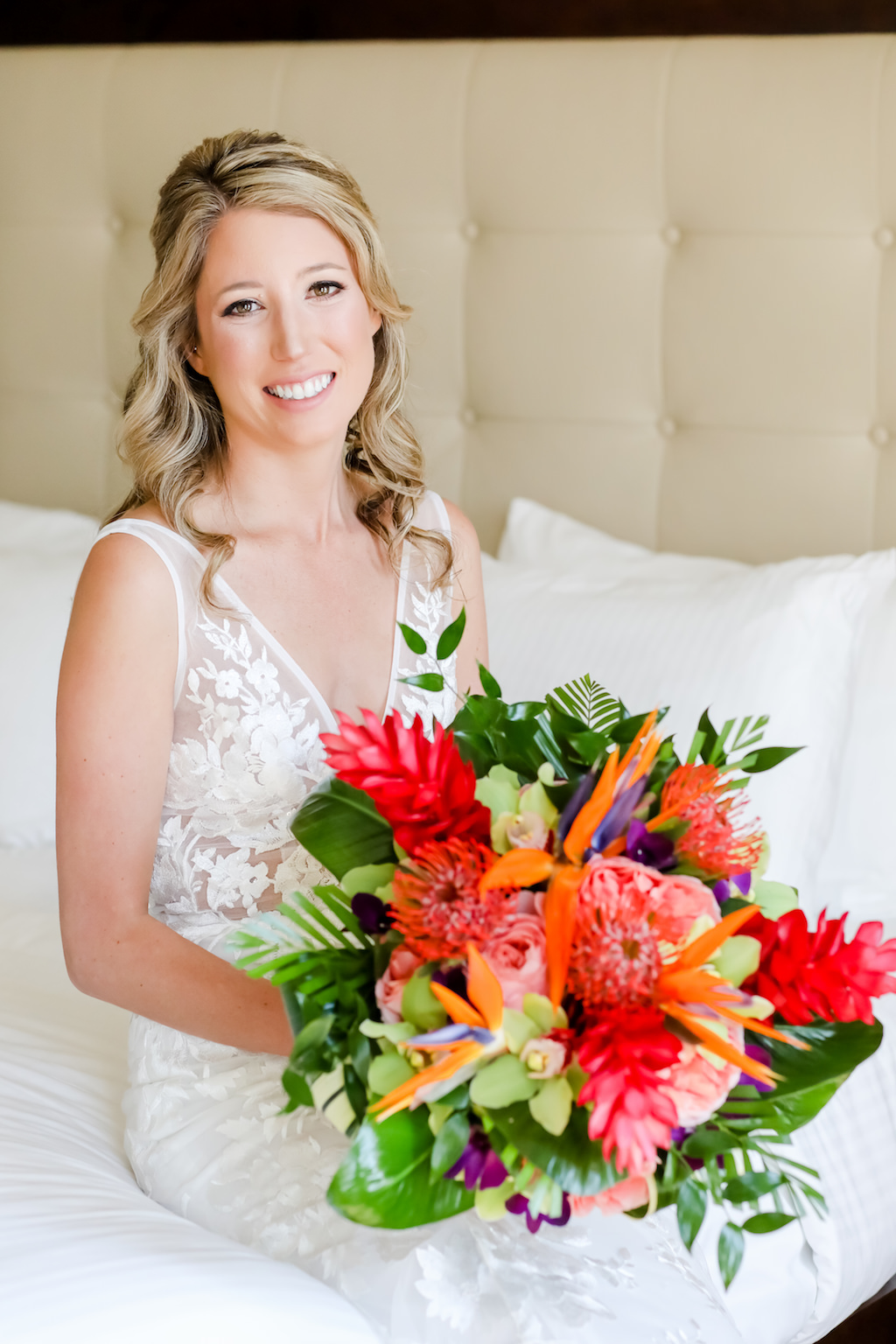 Elegant Florida Bride with Vibrant, Tropical Floral Bouquet with Exotic Flowers, Colorful Island-Inspired Flowers | Tampa Bay Wedding Photographer Lifelong Photography Studios | Tampa Bay Wedding Hair and Makeup Artist Michele Renee The Studio 