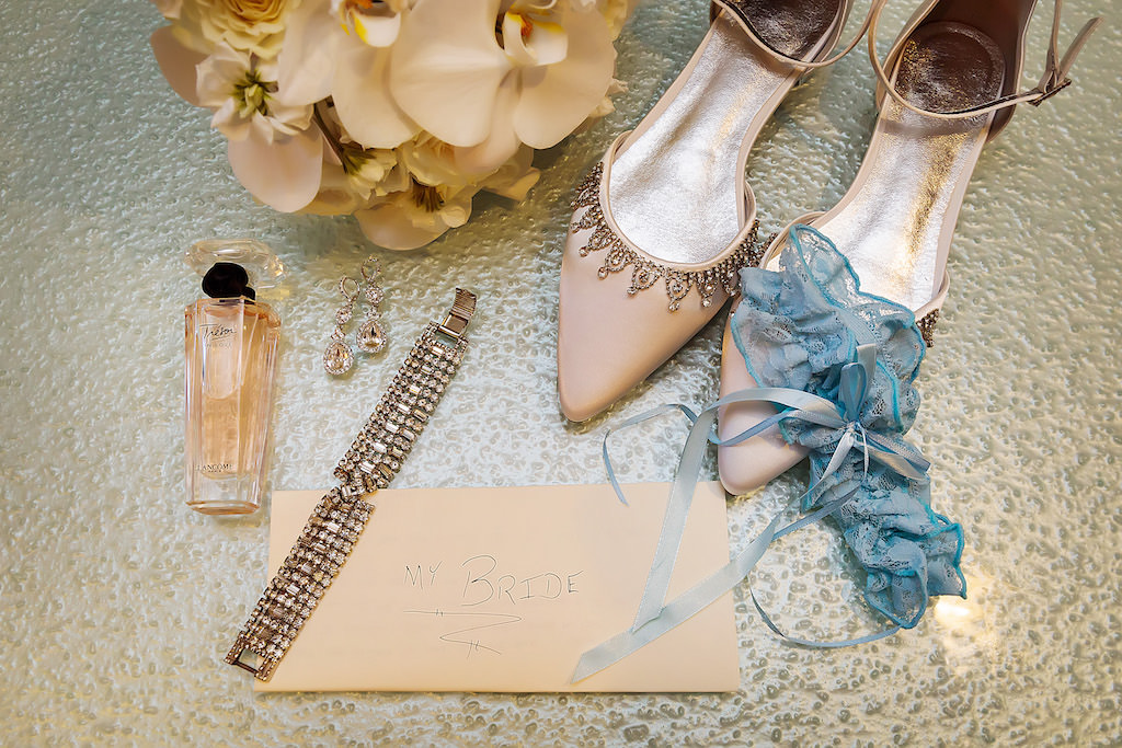 Blush Pink Bridal Accessories, Rose Gold Diamond Bracelet, Earrings, Jewelry, Vintage Pointed Toe Wedding Shoes, Something Blue Garter
