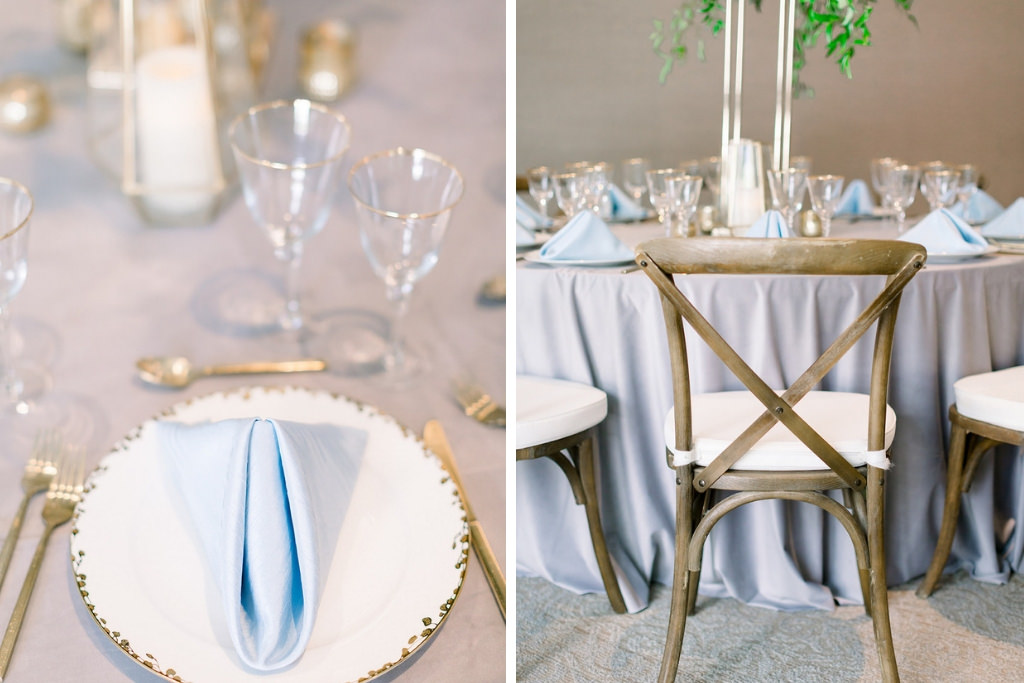 Marry Me Tampa Bay Before 5 Networking Event, St. Pete Venue Crawl | Wedding Tablescape with Baby Blue Linens and Greenery with Blue and White Florals with Crossback Wooden Farm Chairs