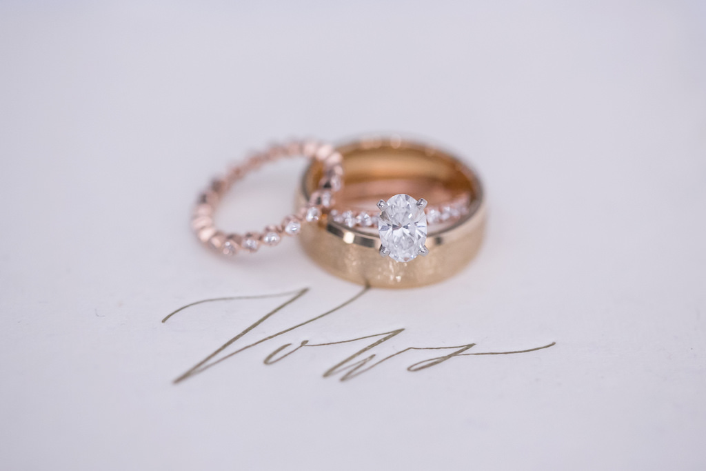 Oval Diamond Engagement and Rose Gold Band, Bride and Groom Wedding Rings | Tampa Bay Wedding Photographer Carrie Wildes Photography