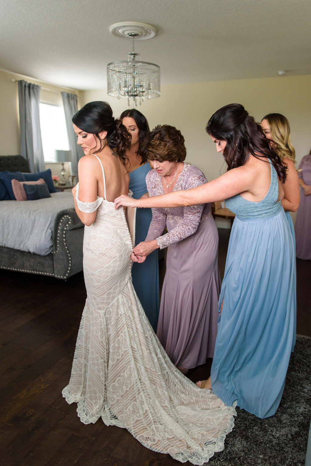 Florida Bride, Mother and Bridesmaids Getting Ready Lace Fitted Open Back Off the Shoulder Lace Wtoo by Watters Wedding Dress Portrait