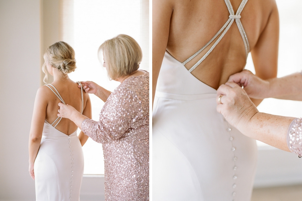 Florida Bride Getting Ready with Mother Bridal Portrait, in Classic Elegant White Fitted Open Back with Rhinestone Straps and Buttons Wedding Dress