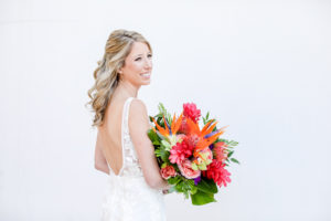 Elegant Florida Bride with Vibrant, Tropical Floral Bouquet, Colorful Island-Inspired Flowers Bridal Portrait | Tampa Bay Wedding Photographer Lifelong Photography Studios | Tampa Bay Wedding Hair and Makeup Artist Michele Renee The Studio 