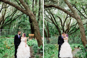 Modern Florida Bride and Groom Outdoor Park Portrait, in Ballgown Wedding Dress, Purple Hair
