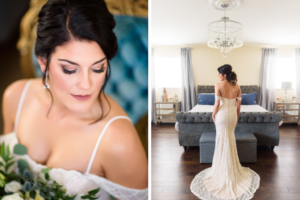 Florida Bride Beauty Portrait with Natural Makeup and Updo in Lace Fitted Open Back Off the Shoulder Lace Wtoo by Watters Wedding Dress