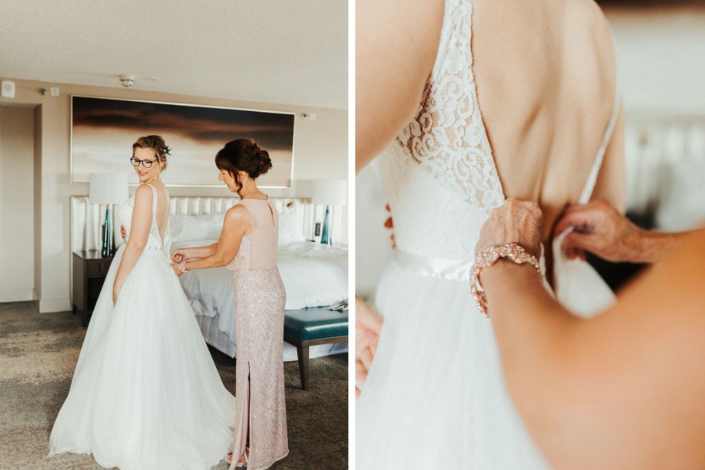 Florida Bride Getting Ready Wedding Portrait in Ballgown Tulle Skirt with Satin Ribbon Belt, Low V Open Back and Lace Tank Top Straps Wedding Dress