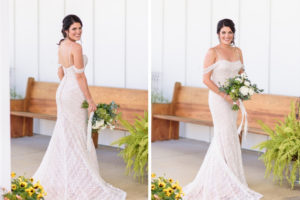 Tampa Bay Beauty Bridal Wedding Portrait in Wtoo by Watters Fitted Lace Off the Shoulder Wedding Dress Holding Organic Greenery and White, Ivory Floral Bouquet | Tampa Wedding Florist Bruce Wayne Florals