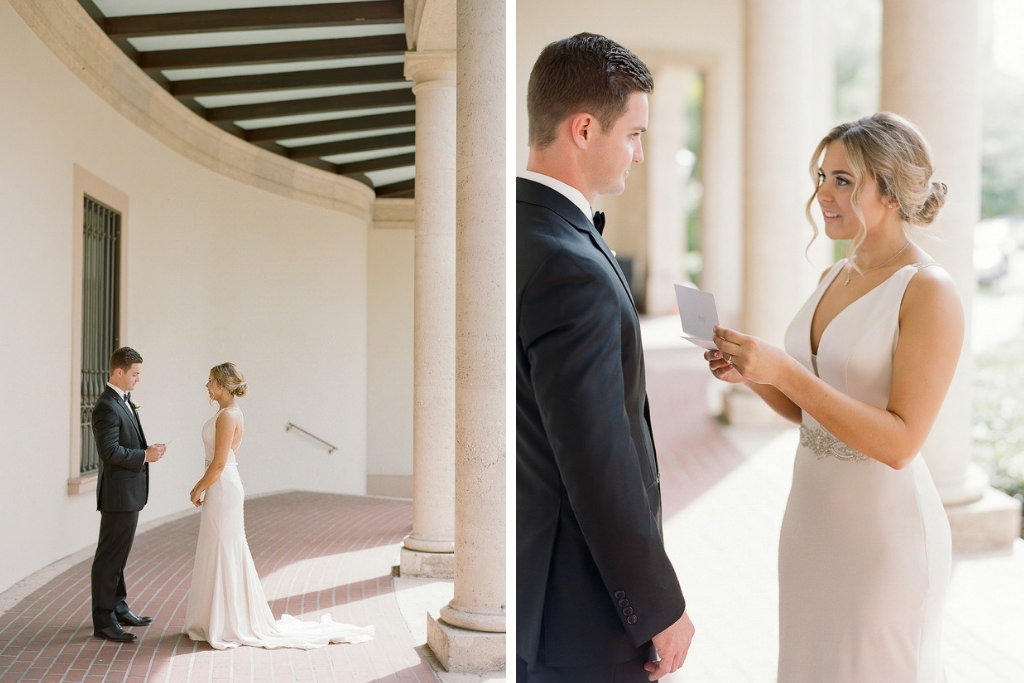 Florida Bride and Groom First Look Wedding Portrait Exchanging Letters