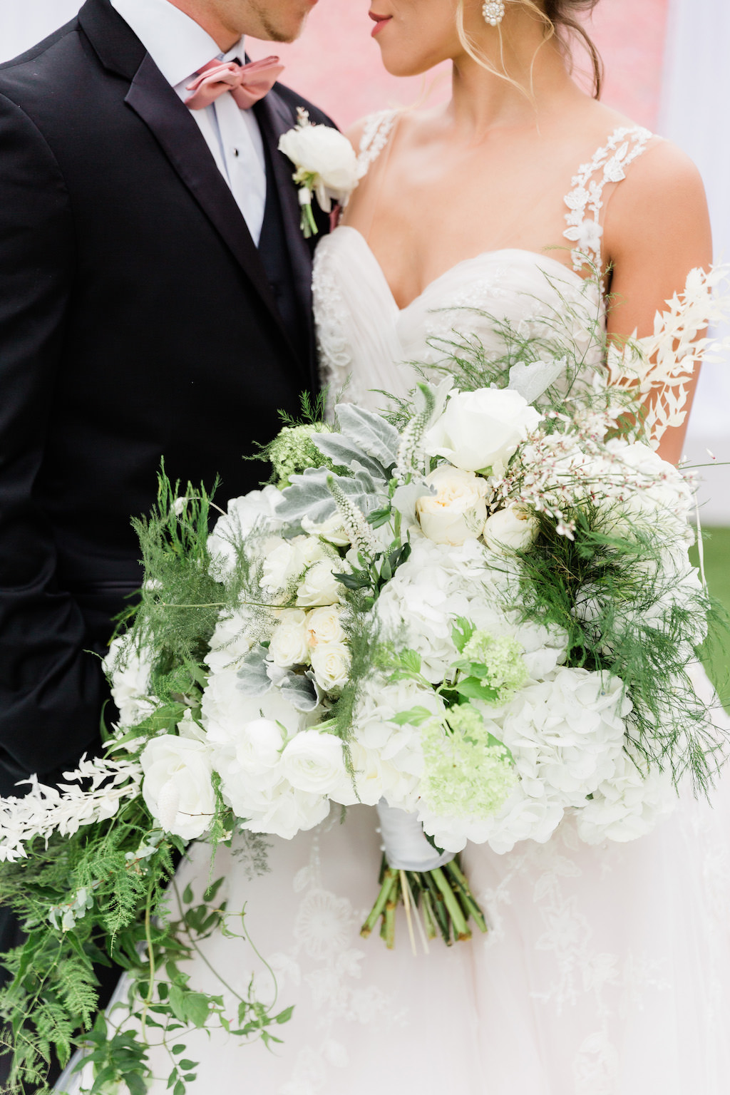 Modern, Elegant Florida Bride and Groom, Luxurious White Mixed Stem Floral Bouquet with Whimsical Greenery | Tampa Bay Wedding Florist Gabro Event Services | Tampa Bay Hair and Makeup Artists Femme Akoi | Tampa Bay Couture Wedding Dress Boutique Isabel O'Neil Bridal Collection