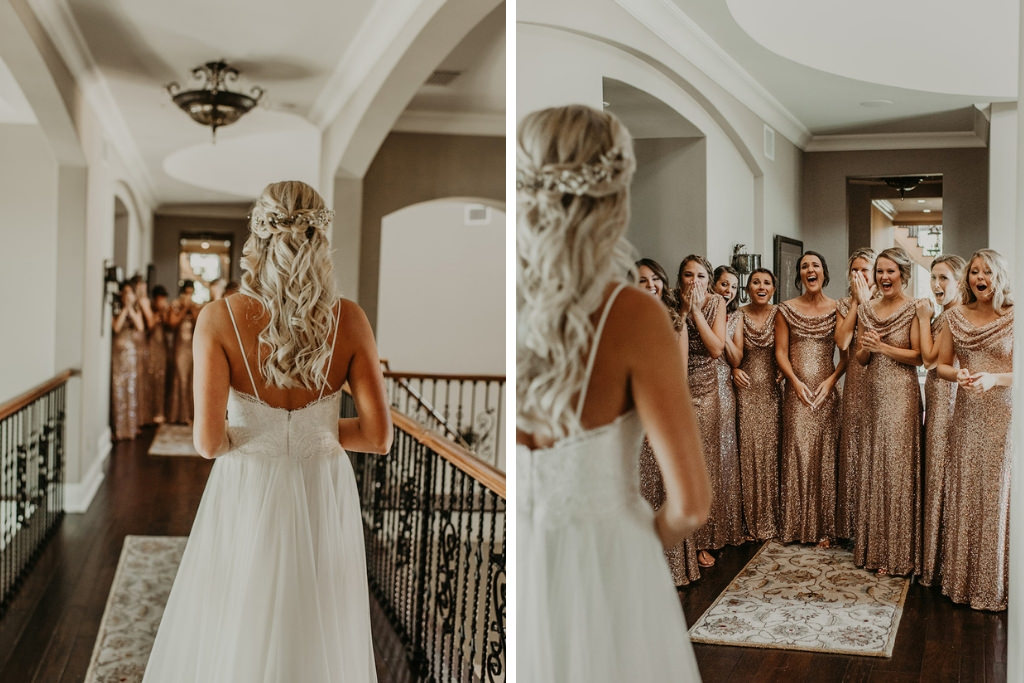 Bride and Bridesmaids First Look Wedding Photo, Bridesmaids in Matching Gold Sparkle Sequin Glitter Scoop Neck Dresses | Tampa Bay Wedding Hair and Makeup Femme Akoi