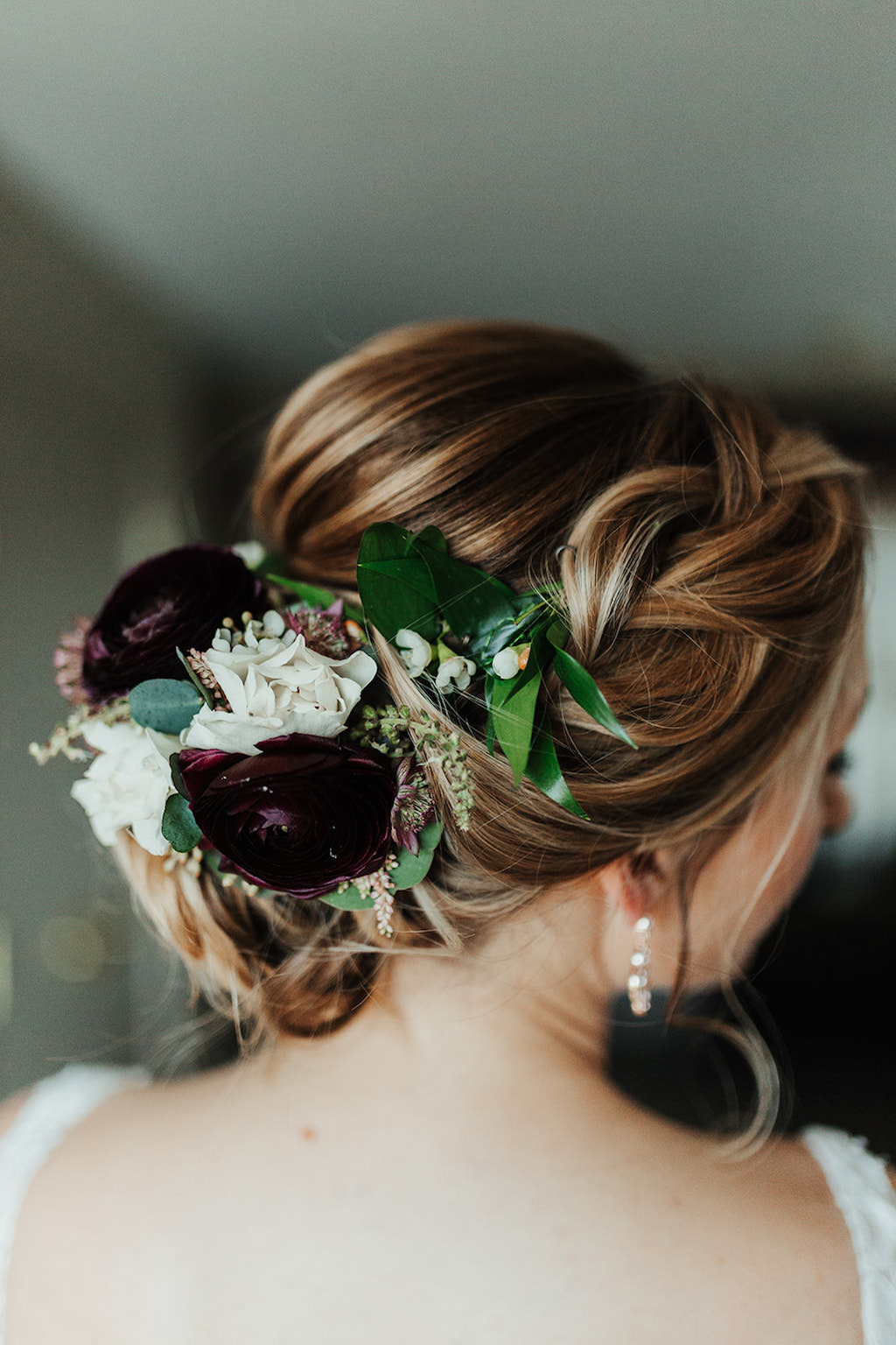 Garden Chic Inspired Dark Purple, Ivory and Greenery Floral Hair Accessory and Braided Updo Wedding Hairstyle | Tampa Bay Hair and Makeup Artist Femme Akoi