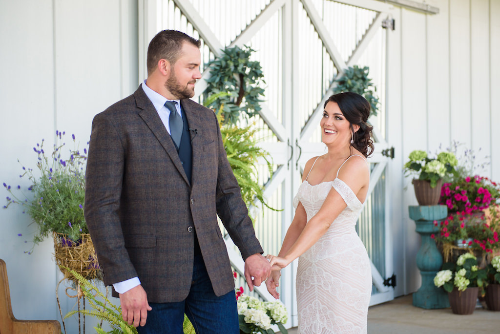 Tampa Bay Bride and Groom First Look Wedding Portrait, Bride in Lace Off the Shoulder Wtoo by Watters Fitted Wedding Dress, Groom in Plaid Brown Suit and Blue Tie with Jeans