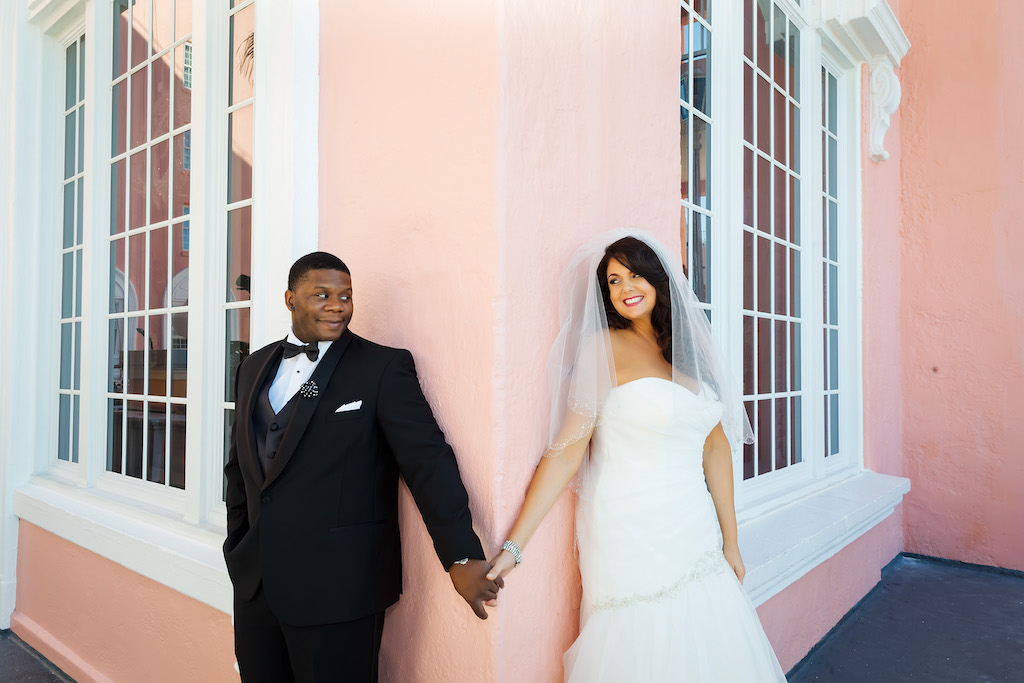 Romantic Tampa Bay Bride and Groom First Look Wedding Portrait | Historic Pink Palace Florida Wedding Venue The Don CeSar in St. Pete Beach