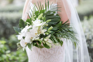 Tropical Elegant Palm Leaves and White Orchid and Lilly Floral Bouquet | Tampa Bay Wedding Photographer Lifelong Photography Studios