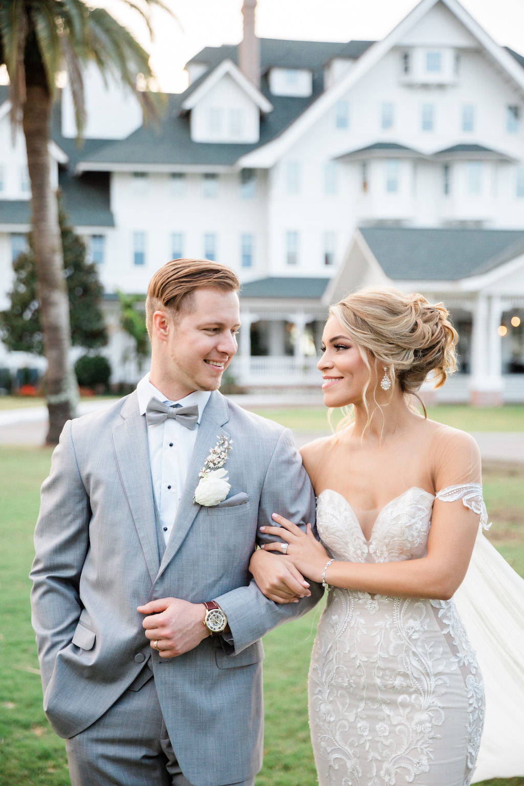 Romantic, Modern Florida Bride and Groom, Wearing White Fitted Mermaid Style Couture Wedding Dress, Light Gray Suite | Tampa Bay Hair and Makeup Artists Femme Akoi | Tampa Bay Couture Wedding Dress Boutique Isabel O'Neil Bridal Collection |