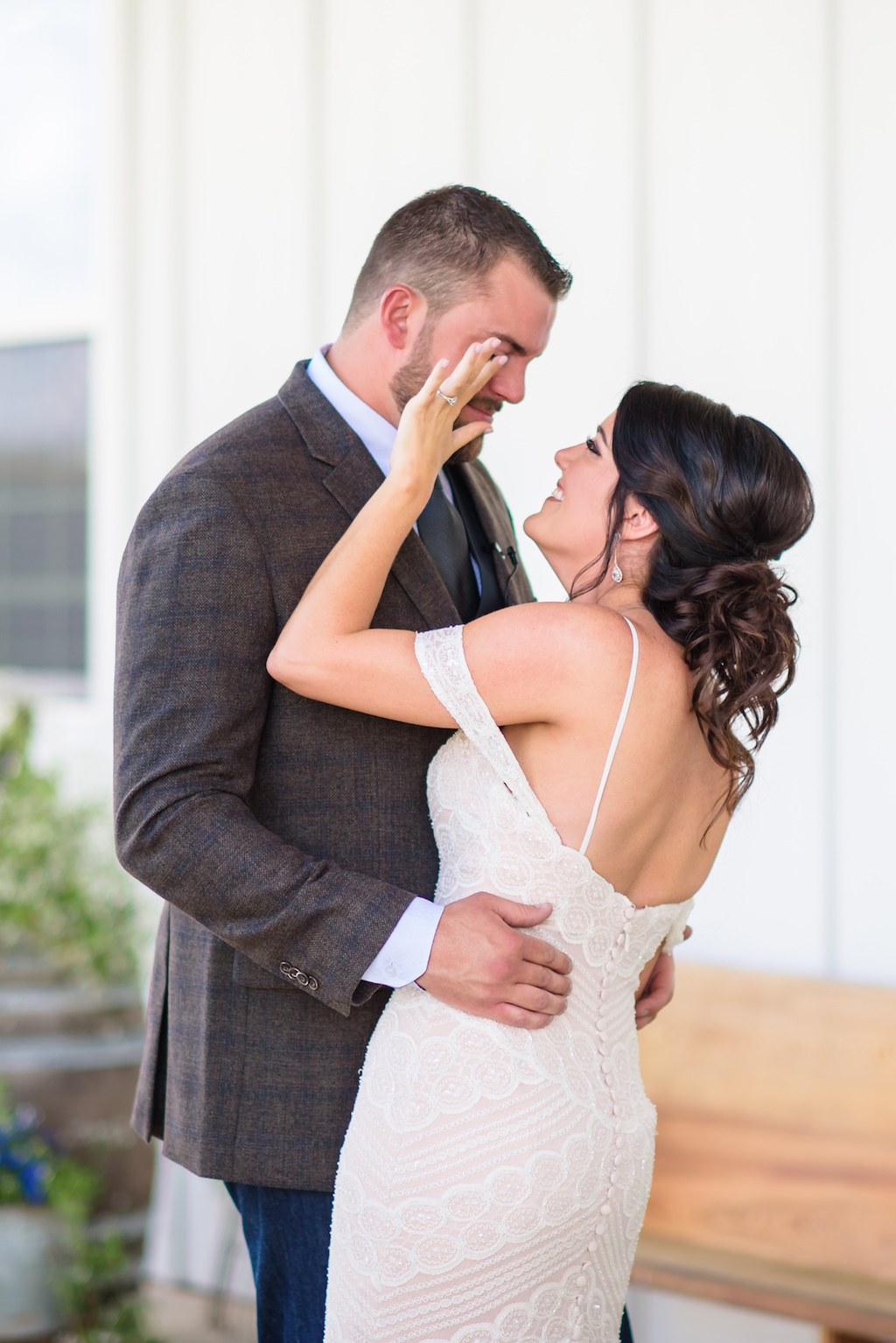 Tampa Bay Bride and Groom First Look Wedding Portrait, Bride in Lace Off the Shoulder Wtoo by Watters Fitted Wedding Dress, Groom in Plaid Brown Suit and Blue Tie