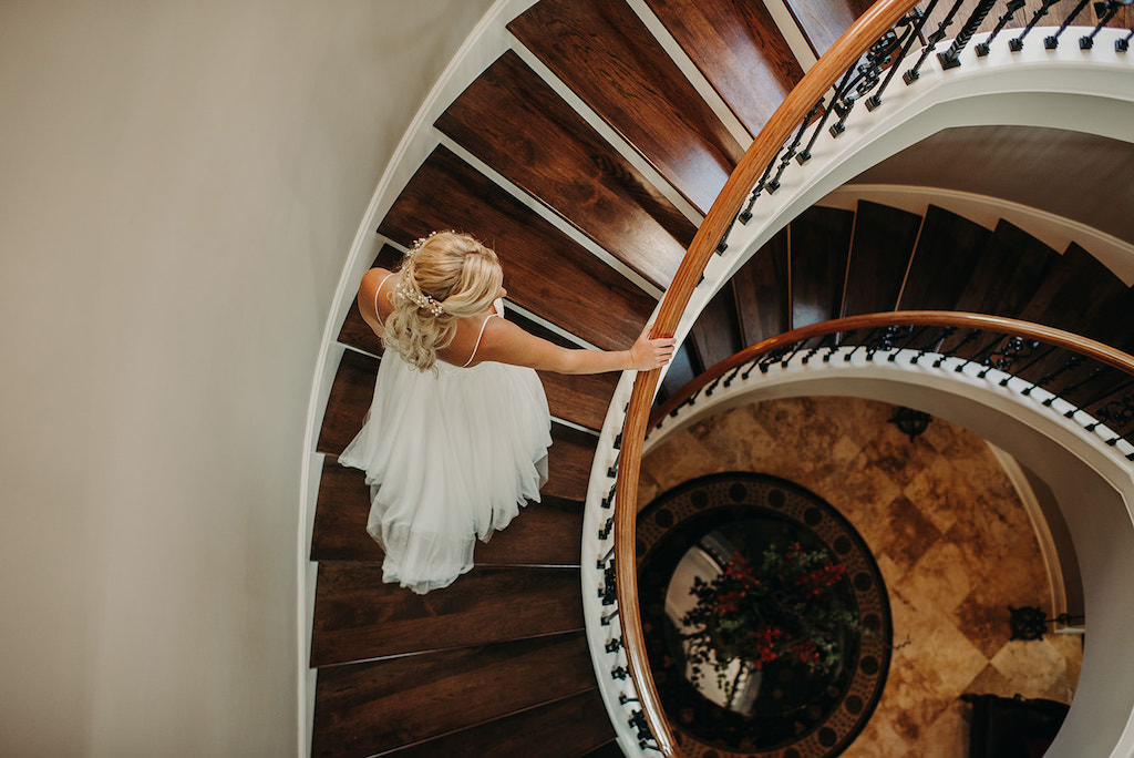 Creative Florida Bride Wedding Portrait on Spiral Staircase | Tampa Bay Wedding Hair and Makeup Femme Akoi