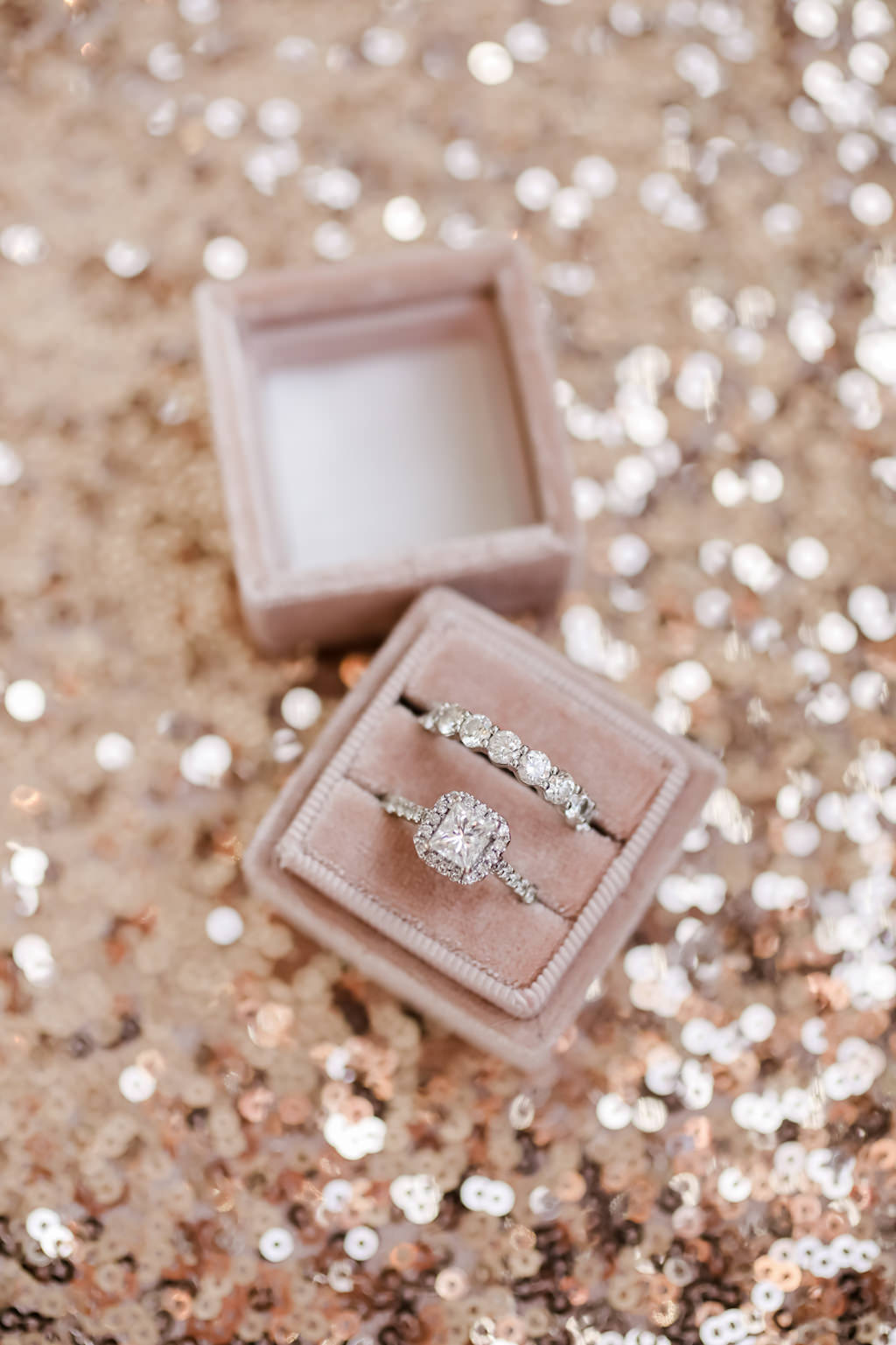 Princess Cut and Halo Engagement Ring and Diamond Bride Wedding Band in Velvet Blush Pink Ringbox | Tampa Bay Wedding Photographer Lifelong Photography Studio