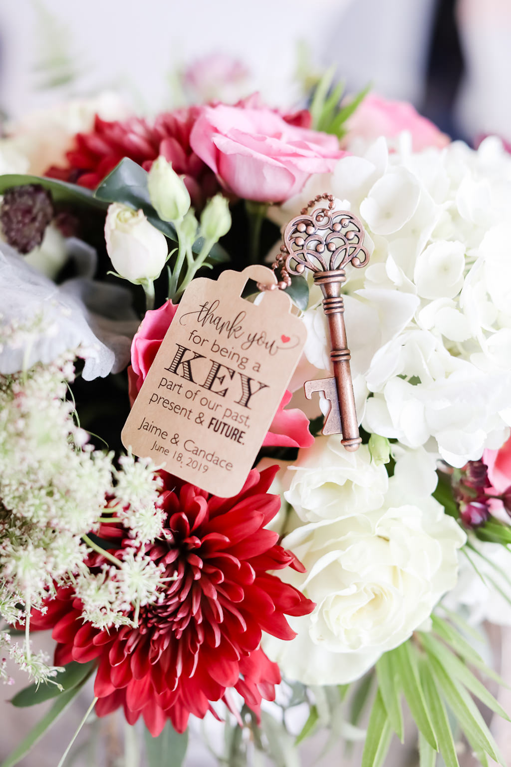 Colorful French Country Inspired Burgundy, Red, Pink, And White Hyandrangea Floral Bridal Bouquet and Custom Key Wedding Favor | Tampa Bay Wedding Photographer Lifelong Photography Studio