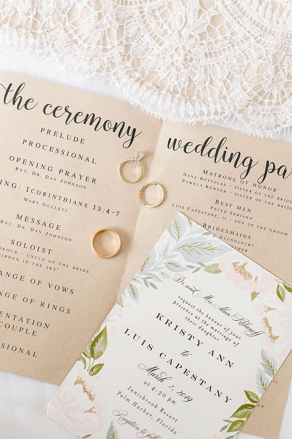 Rustic, Floral Wedding Invitation and Wedding Ceremony Program with Wedding Rings Portrait